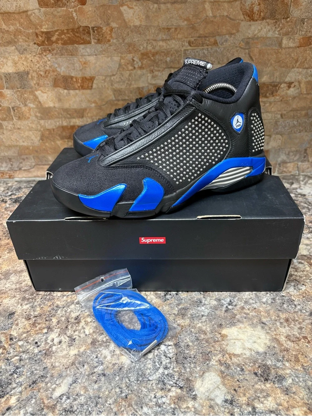 Air Jordan 14 Retro x Supreme Black/Varsity Royal/Chrome 2019 BV7630-004 Size 8